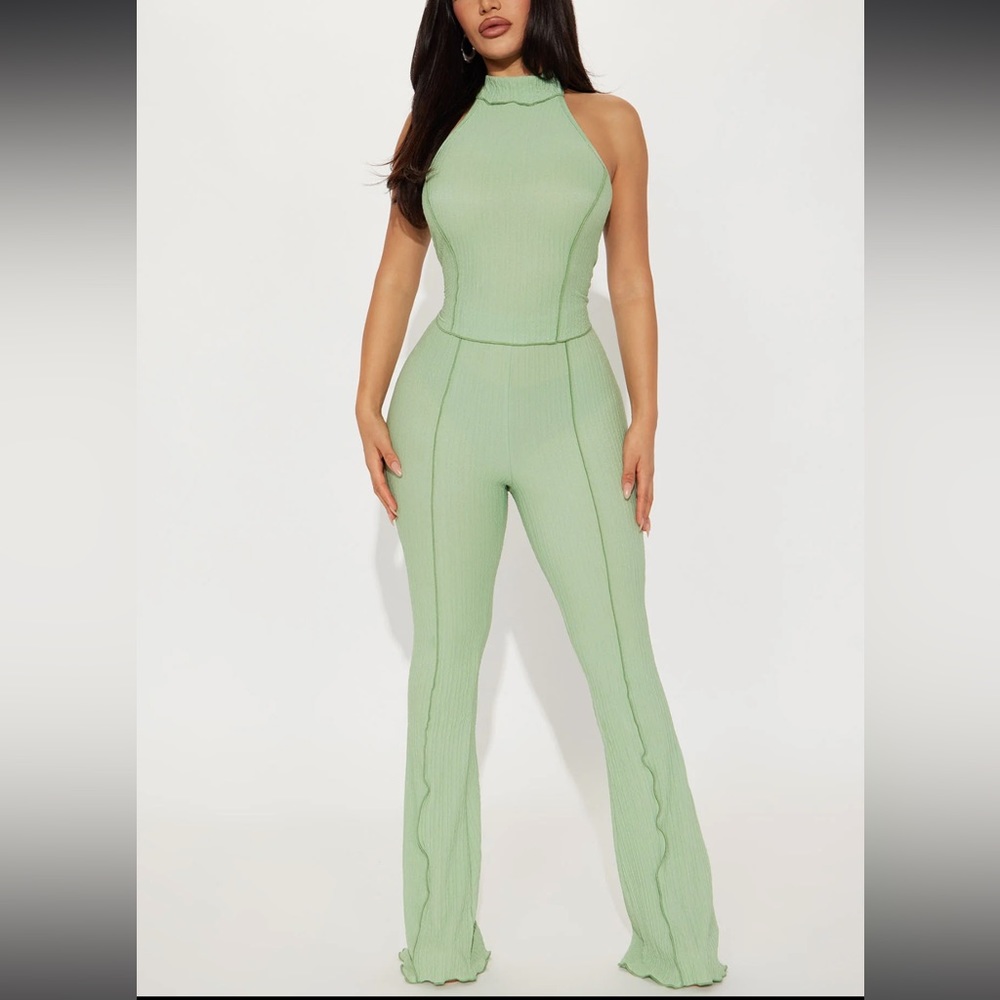 Fashion Nova Sage Green Pant Set Halter Textured